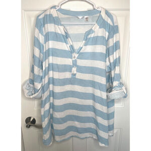 Kaktus Women's Blue White Striped Gauze Tunic Shirt Sz XXL Beachy Coastal Marine